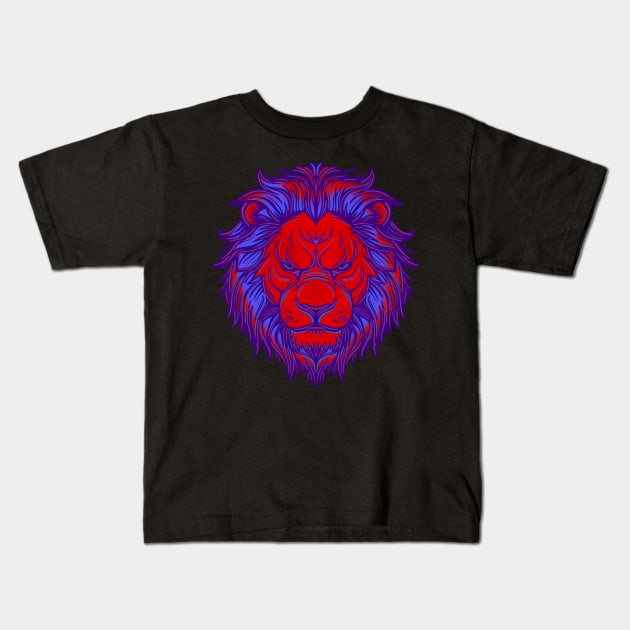 Red and blue lion face with mane Kids T-Shirt by DaveDanchuk